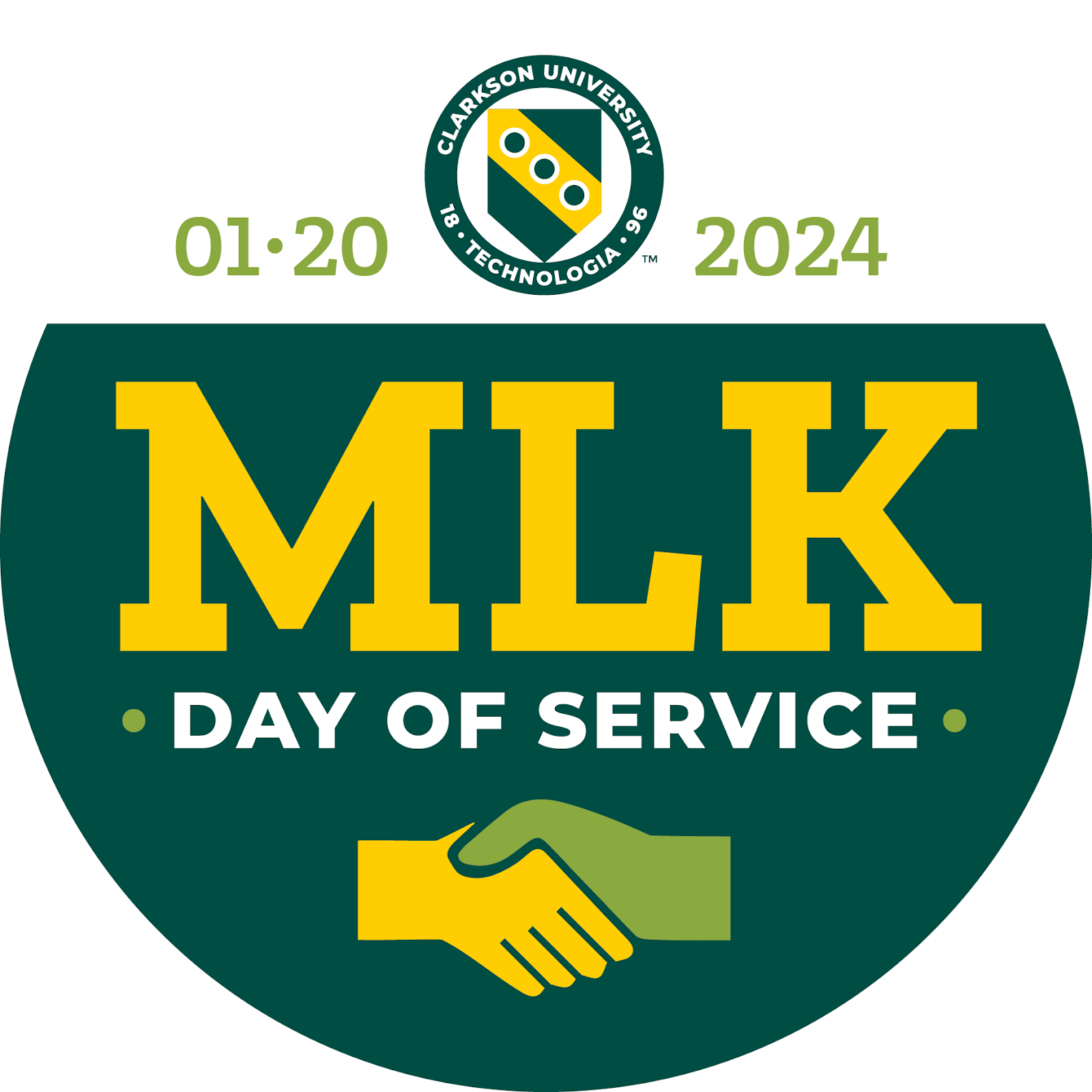 A circular logo with “MLK Day of Service” written in the middle, with the date 01.20.2024 surrounding Clarkson’s logo at the top, and a green hand and yellow hand shaking below the middle lettering.