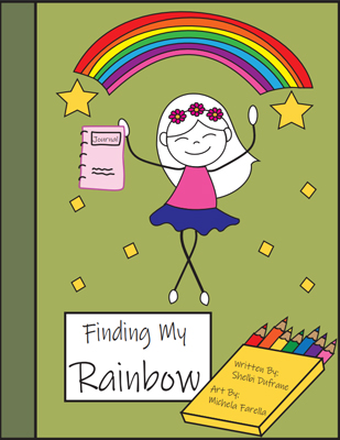 Book cover of Finding My Rainbow showing a drawing of a girl in a tutu dancing under a rainbow and a box of colored pencils