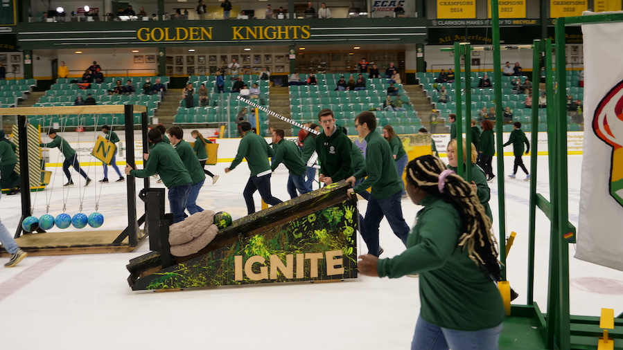 Mock hockey set up on the ice.