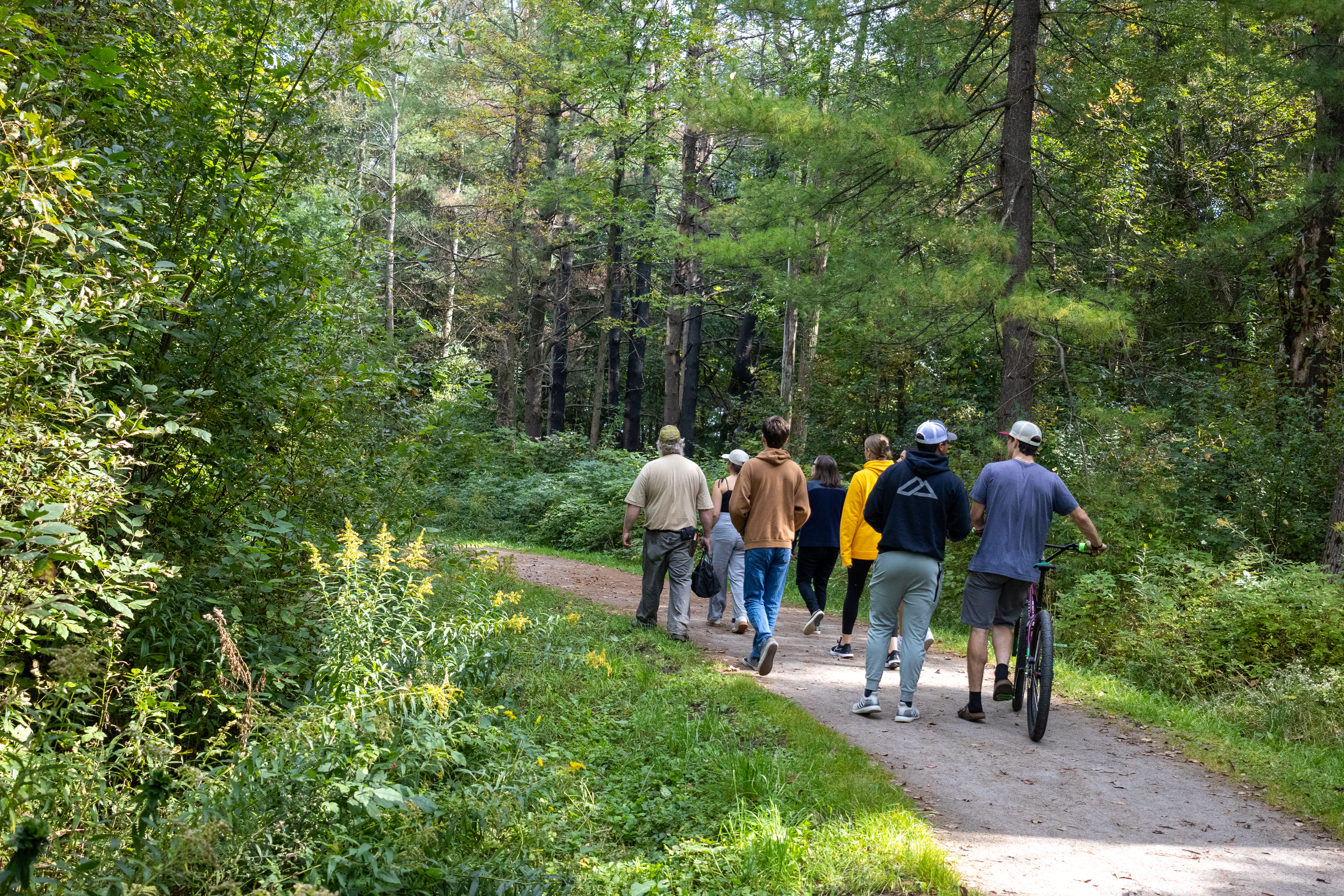 Several students and an older man walk away from the camera down a dirt path through the forest. 