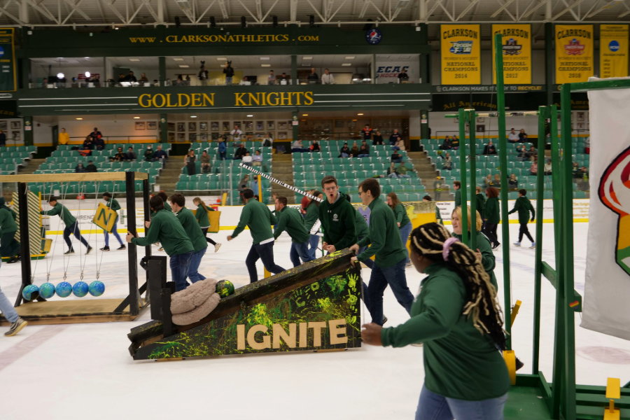 Clarkson students gather to play a variety of games on the cheel hockey ice