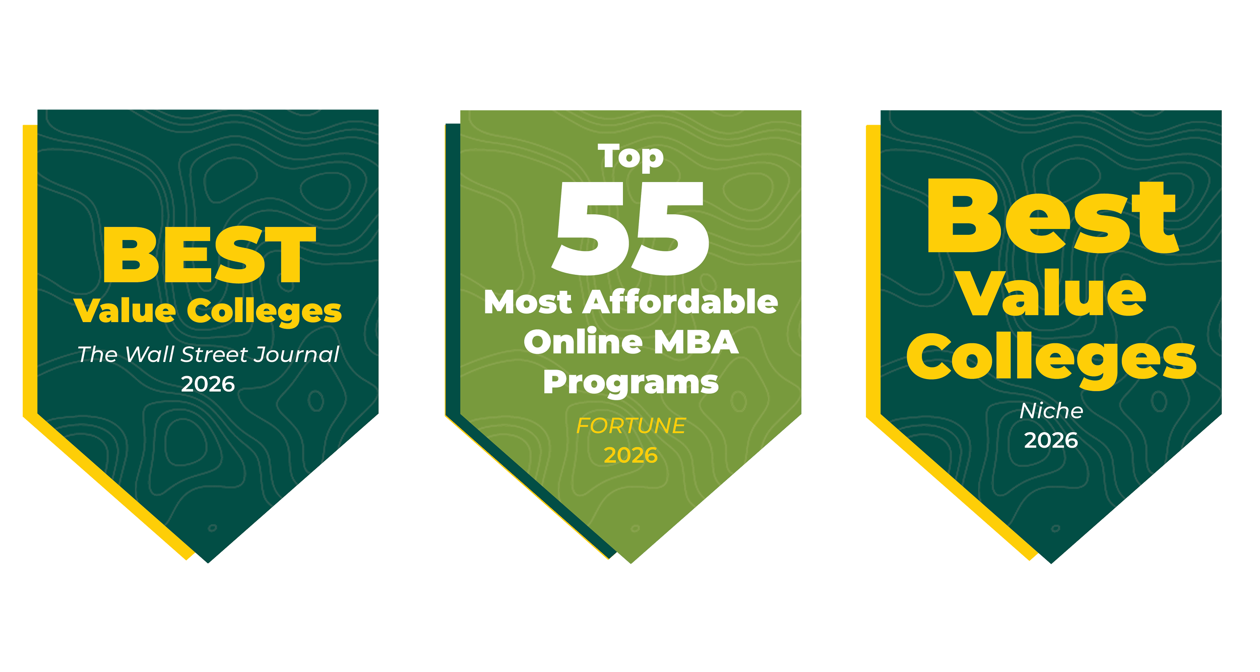 LEFT CARD: best Value Colleges quoting the Wall Street Journal in 2026. MIDDLE CARD: Top 55 Most affordable Online MBA Programs quoting FORTUNE in 2026. RIGHT CARD: Best Value College quoting Niche in 2026