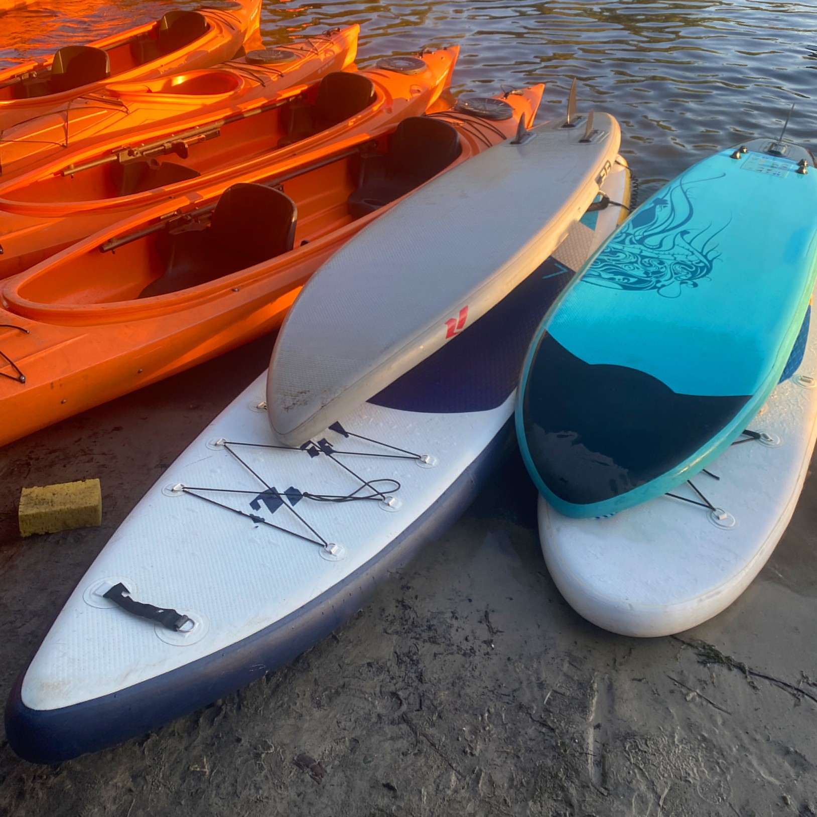 A row of bright orange kayaks and several stand-up paddleboards in white, blue, and teal resting on a sandy shoreline at the water's edge during a sunny afternoon.